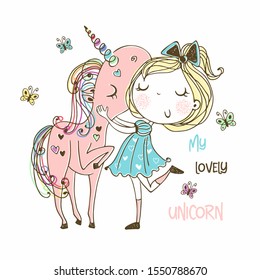 Sweet girl with a magical unicorn. Vector.
