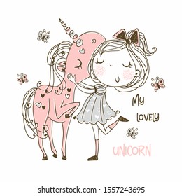 Sweet girl with a magical unicorn. Vector.