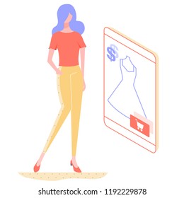 A sweet girl makes an online purchase from her phone. Modern technologies, marketing, sale. On the mobile screen is a dress, a price and a buy button. Trend illustration for banners and websites.