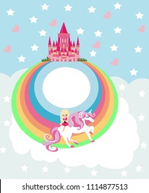 sweet girl on a unicorn flying on a rainbow