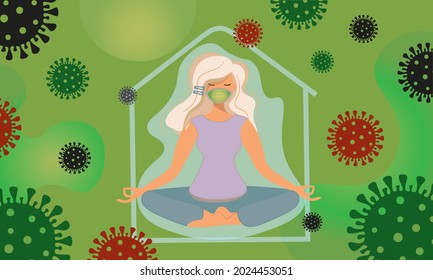 A sweet girl in a pandemic restores health by doing yoga. A blonde in a mask in a cozy home protects herself from the coronavirus. Healthy lifestyle promotion to protect your health and home. Vecior.