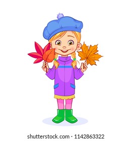 A sweet girl with pigtails collects a herbarium from dry autumn leaves. Isolated vector illustration for children.