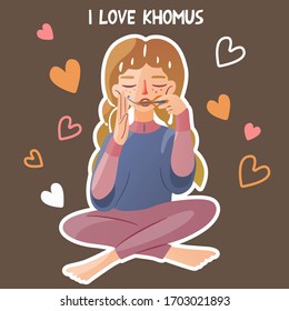 Sweet girl with pigtails sitting in the lotus position and plays the Jew's harp. Lettering I love khomus. Cute picture for fans of ethnic musical instruments. Vector isolated colorful character. 