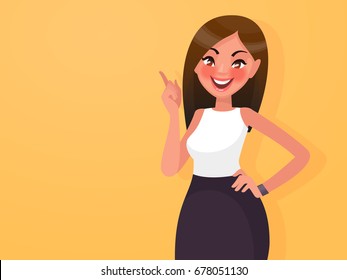 Sweet girl points to something. A new cool idea. Vector illustration in a cartoon style Sweet girl points to something. A new cool idea. Vector illustration in a cartoon style
