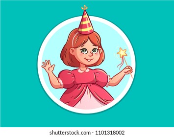 A sweet girl in a princess costume with a magic wand in her hands.