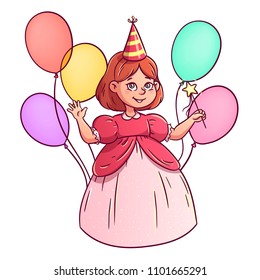 A sweet girl in a princess dress and with a magic wand against the background of balloons.