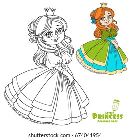 Sweet girl princess with flowers in her hair color and outlined picture for coloring book on white background