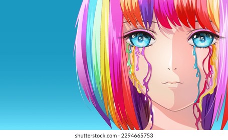 Sweet girl with rainbow-colored hair and blue eyes from which rainbow-colored tears flow. Illustration of a girl in manga and anime style on a blue background with space for text. Vector image.