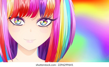 Sweet girl with rainbow-colored hair. Illustration of a girl in manga and anime style on a rainbow background. Vector image.