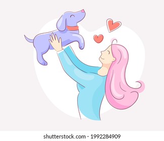 Sweet girl raised joyful puppy above his head. Cute human to pet friendship with heart symbols. Vector illustration about love for animals.