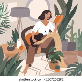 Sweet girl reading a book and resting with a cat and coffee. Feminine Daily life and everyday routine scene by young woman in home interior with homeplants