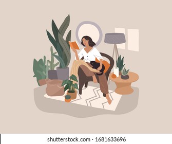 Sweet girl reading a book and resting with a cat and coffee. Feminine Daily life and everyday routine scene by young woman in home interior with homeplants