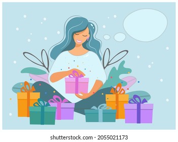 A sweet girl received many gifts for her birthday and looks at them with joy. Young woman is holding a gift box. Flat vector with speech bubble. Bright trendy shades. Poster, postcard, banner.