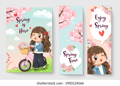 Sweet girl riding a bicycle in spring theme illustration for kids fashion artworks, children books, prints, t shirt graphic.