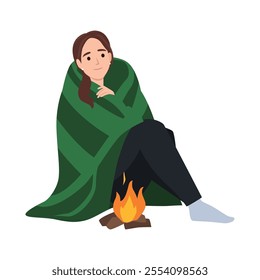 Sweet girl sitting by the fireplace with blanket. Flat vector illustration isolated on white background