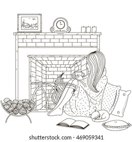 Sweet girl sitting by the fireplace with a cup in his hands. Vector illustration.