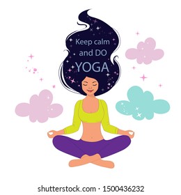 Sweet girl sitting in lotus position and the inscription keep calm and do yoga on a white background