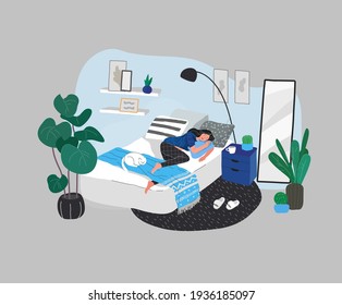 Sweet girl sleeping in bed with relaxing white cat . Daily life and everyday routine scene by young woman in scandinavian, style cozy interior bedroom with homeplants. Cartoon vector