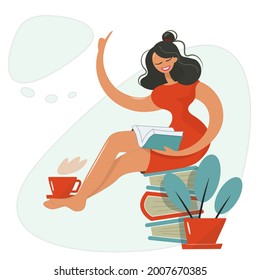 Una chica dulce que estudia la no ficción ha descubierto una idea inteligente. La chica lee, estudia información interesante, sentada en un montón de libros. Vector, diseño plano para el día del libro, conocimiento.