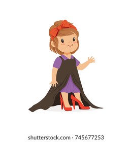 Sweet girl wearing dult oversized clothes and red high heels, kid pretending to be adult vector Illustration