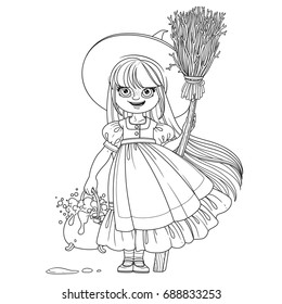 Sweet girl in witch costume holds a broom for flying and pot of bubbling potion outlined coloring page