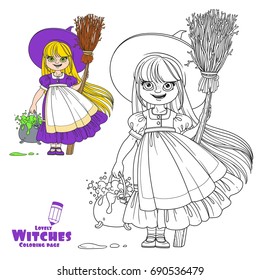 Sweet girl in witch costume holds a broom for flying and pot of bubbling potions color and outlined for coloring page