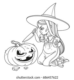 Sweet girl in witch costume sitting on the floor with a knife and cut the lantern from a pumpkin outlined coloring page