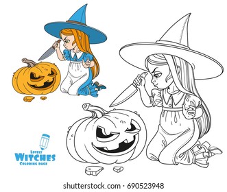 Sweet girl in witch costume sitting on the floor with a knife and cut the lantern from a pumpkin color and outlined for coloring page