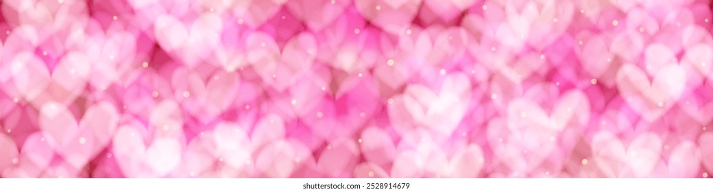 Sweet girly blurred pink shaped sequin as bokeh on red bg seamless pattern. Valentine day background. Vector illustration in romantic style with gradient mesh and overlay effect