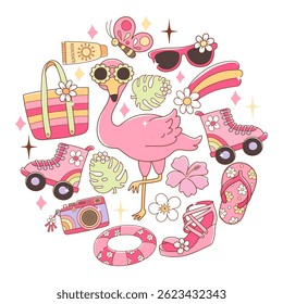 Sweet Girly Pink Summer, Vacation Trendy Doodle Cartoon Style Hand Drawn Elements Vector