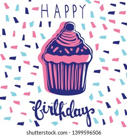 sweet glaze muffin block printed greeting card Happy Birthday vector illustration