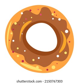 Sweet glazed dessert, isolated donut with chocolate topping and colorful sprinkles. Delicious meal from bakery or pastry shop. Baked fresh food or snack, cake for birthday. Vector in flat style