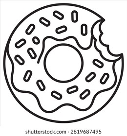 Sweet Glazed Donut With Sprinkles And Bite Vector Line Art Page For Bakery Food Coloring Book