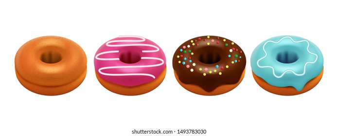 Sweet glazed donuts isolated on white background. Realistic donuts vector set