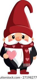 Sweet gnome in a pointed red hat and dark outfit, clutching a large red heart with both hands and a gentle smile. Drawing from classic Nordic folklore with a fresh Valentine's twist, this illustration appeals to Gen Z's love for whimsical characters and heartfelt gestures. Great for romantic cards, enamel pin concepts, embroidered patches, phone wallpapers, scrapbooking elements, gift wrap patterns, apparel prints, and cozy bedroom art. The clean lines and bold heart make it versatile for both digital and print projects focused on love, kindness, and seasonal joy.