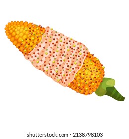 Sweet golden corn with sauce and peppers isolated on white background cartoon vector illustration. Mexican sweet dessert with peppers.