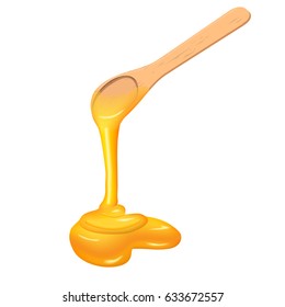 Sweet golden honey drippling from wooden spoon. isolated on white. Side view. Close up. vector illustration. for cooking, cosmetics, perfume, ointment. Herbal medicine, health care, perfumery labels