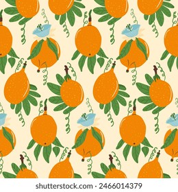 Sweet granadilla fruit grow seamless pattern. Tropical fruits endless background. Yellow passion fruit repeat cover. Exotic passiflora ligularis loop ornament tile. Vector hand drawnillustration