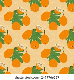 Sweet granadilla fruit packaging seamless pattern. Tropical fruits endless background. Yellow passion fruit product repeat cover. Exotic box food loop ornament tile. Vector hand drawn illustration.