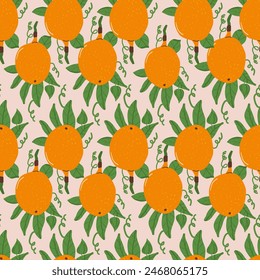 Sweet granadilla fruit seamless pattern. Tropical fruits endless background. Yellow passion fruit repeat cover. Exotic loop ornament tile. Vector hand drawn illustration.