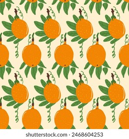 Sweet granadilla fruit seamless pattern. Tropical fruits endless background. Yellow passion fruit repeat cover. Exotic loop ornament tile. Vector hand drawn illustration.