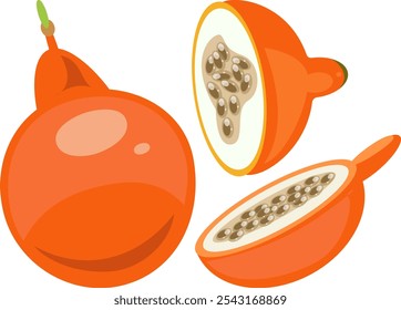 Sweet Granadilla Passion Fruit Illustration Whole and Cut