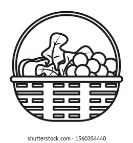 sweet grapes fruits and leafs in straw basket vector illustration design