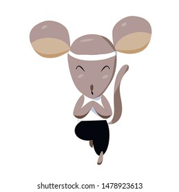 Sweet gray mouse in a yoga pose, exercisers, indicates a healthy lifestyle. illustration, for Souvenirs, postcards, notebooks, magnets and other. Ready print, Hand-drawn. In a cartoon style. Vector 