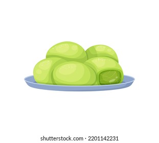 Sweet green candy truffles with matcha on plate. Japanese cuisine traditional dessert. Organic vegetarian food for healthy diet cartoon vector