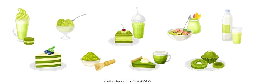 Sweet Green Desserts and Treat with Drink Vector Set