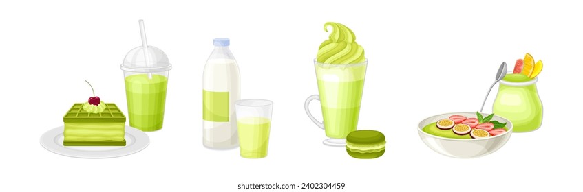 Sweet Green Desserts and Treat with Drink Vector Set