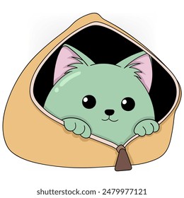 A sweet green kitten peeks out from a wallet, its tiny paws and curious eyes adding to the cuteness.