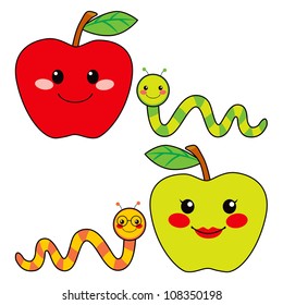 Sweet green and red apples with cute worm friends smiling