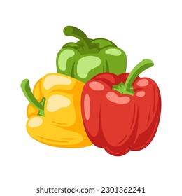 Sweet green, red and yellow bell peppers isolated on white background. Bell peppers in Cartoon style. Vector illustration